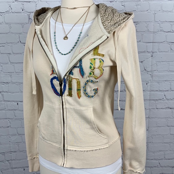 Billabong Tops - Billabong Cream Distressed Zip Logo Hoodie Medium